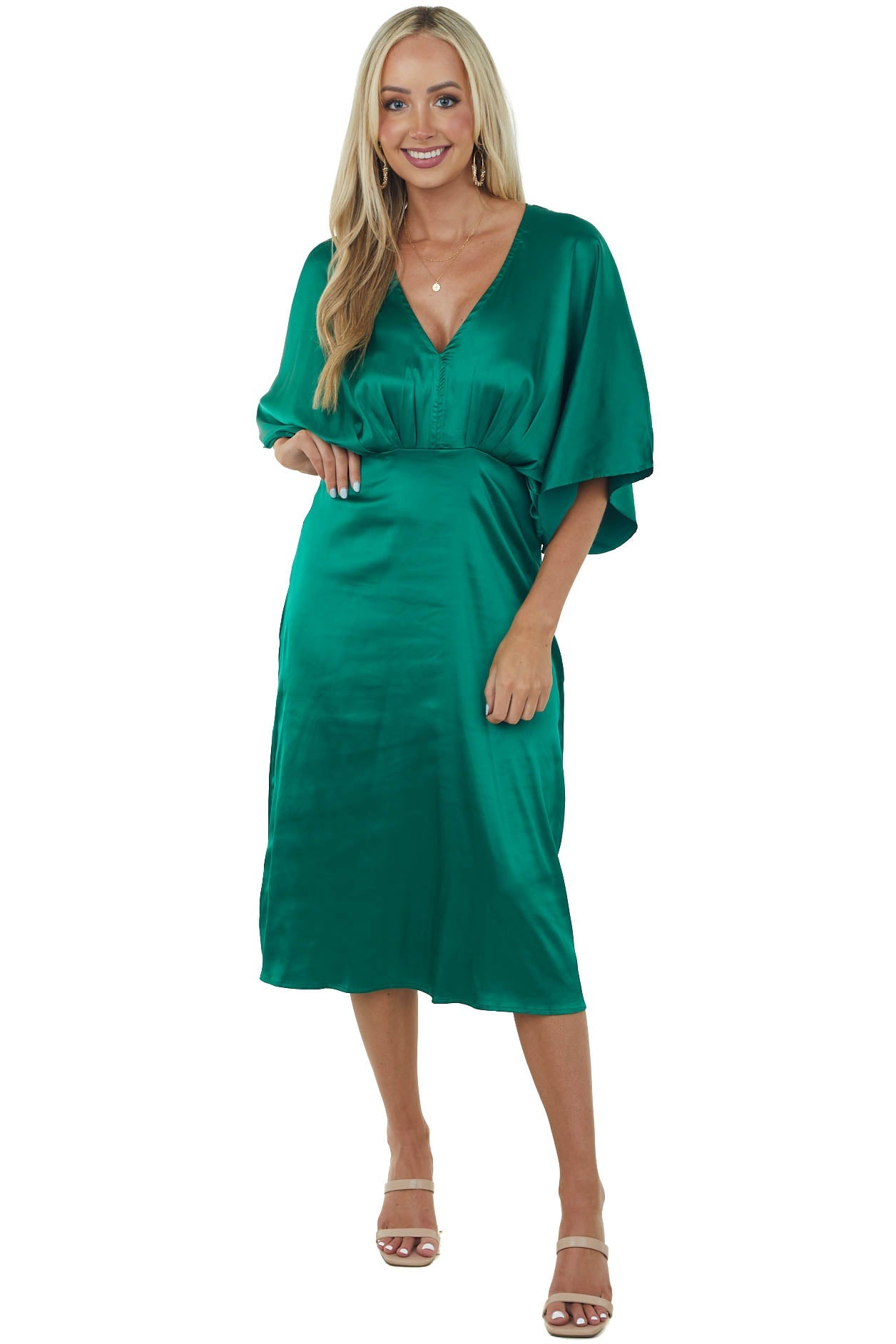 Emerald Green Kimono Sleeve Satin Midi Dress