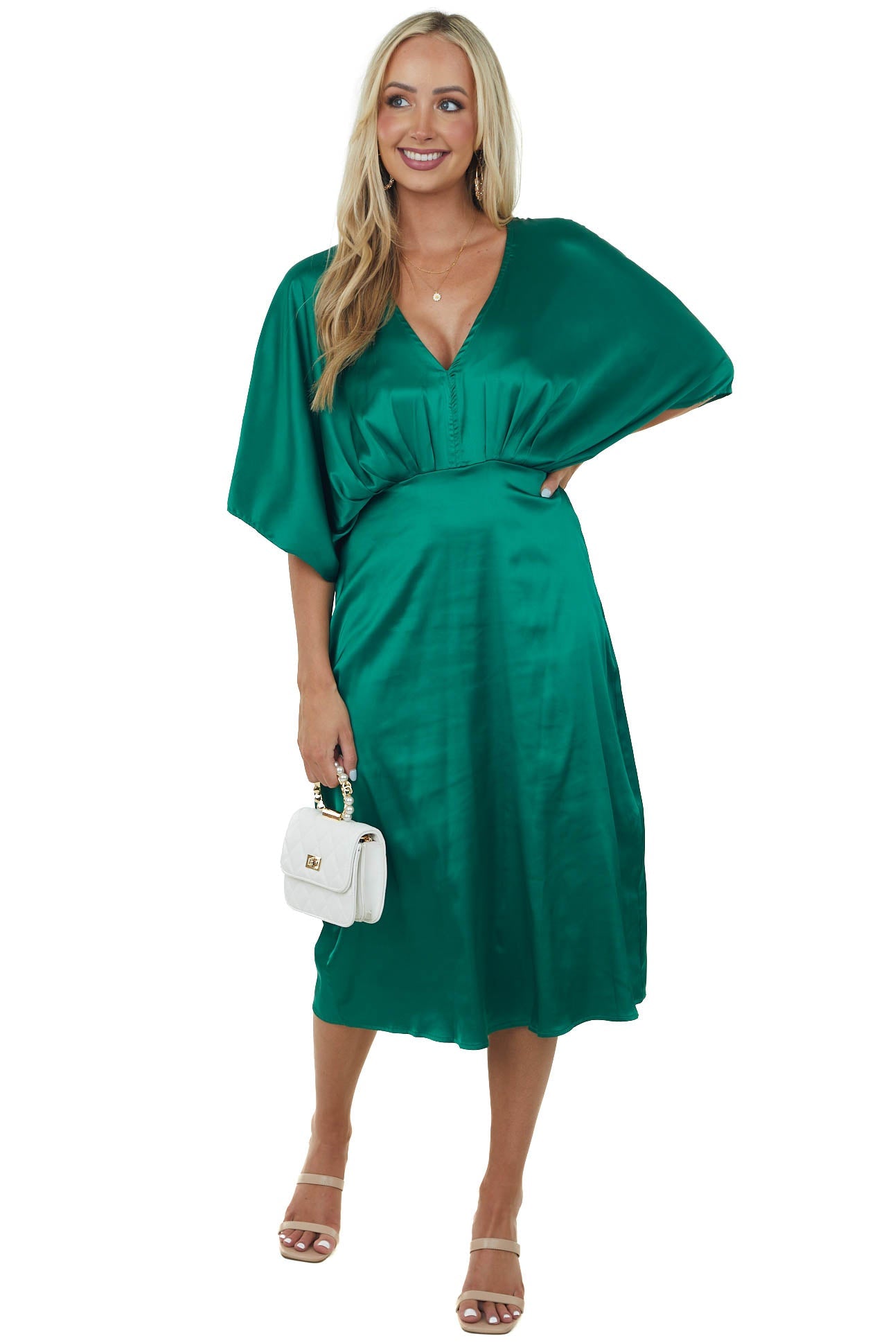 Emerald Green Kimono Sleeve Satin Midi Dress