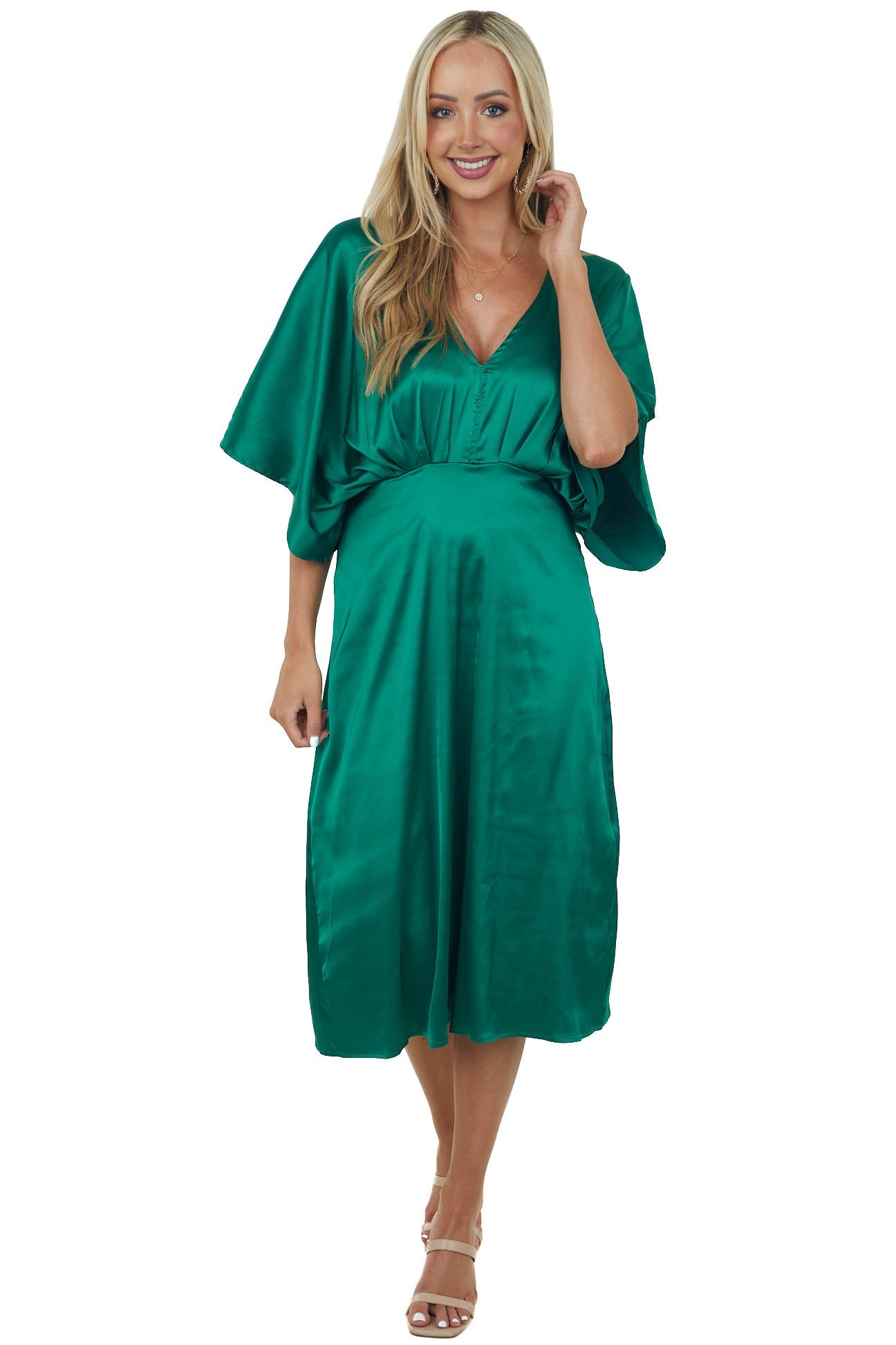 Emerald Green Kimono Sleeve Satin Midi Dress