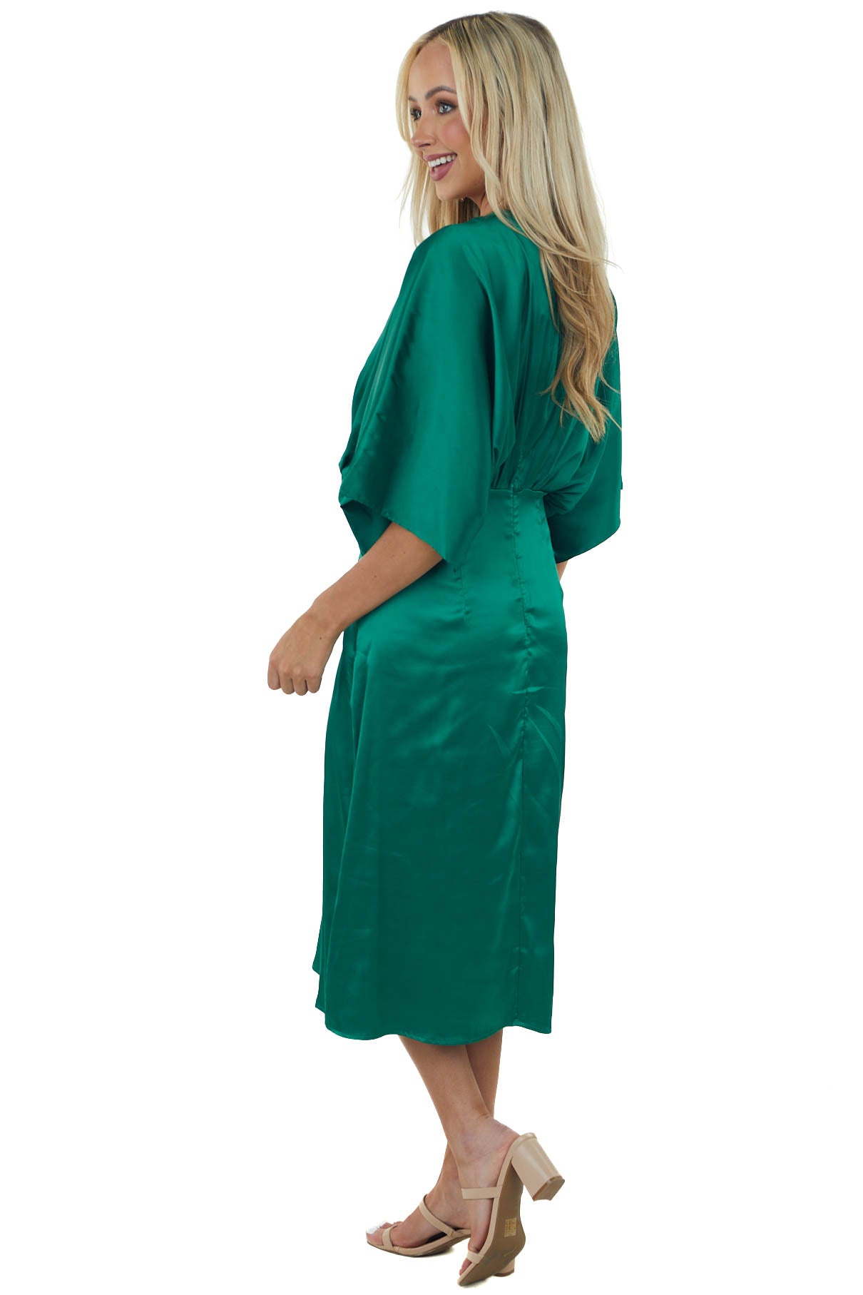 Emerald Green Kimono Sleeve Satin Midi Dress