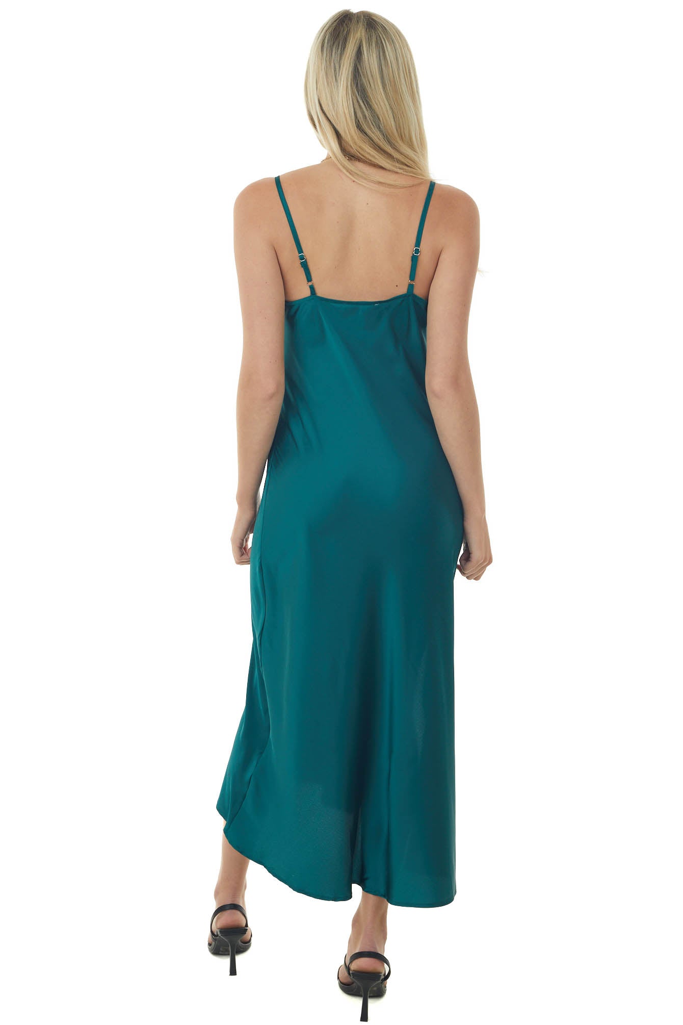 Emerald Green Satin Cowl Neck Side Slit Midi Dress
