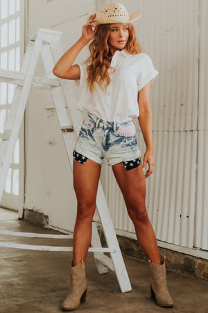 Faded Americana High Rise Acid Wash Denim Shorts