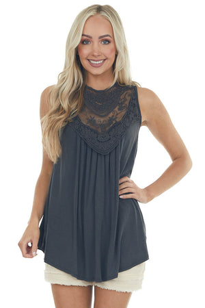 Faded Black Flowy Sleeveless Top with Sheer Crochet Details