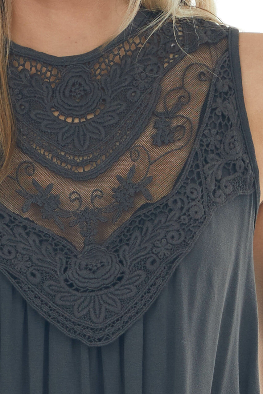 Faded Black Flowy Sleeveless Top with Sheer Crochet Details