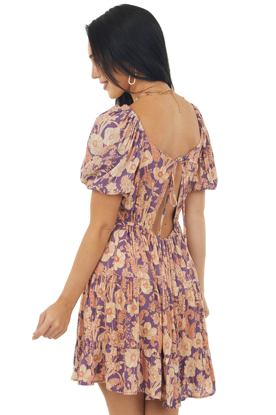 Faded Grape Floral Print Woven Babydoll Mini Dress
