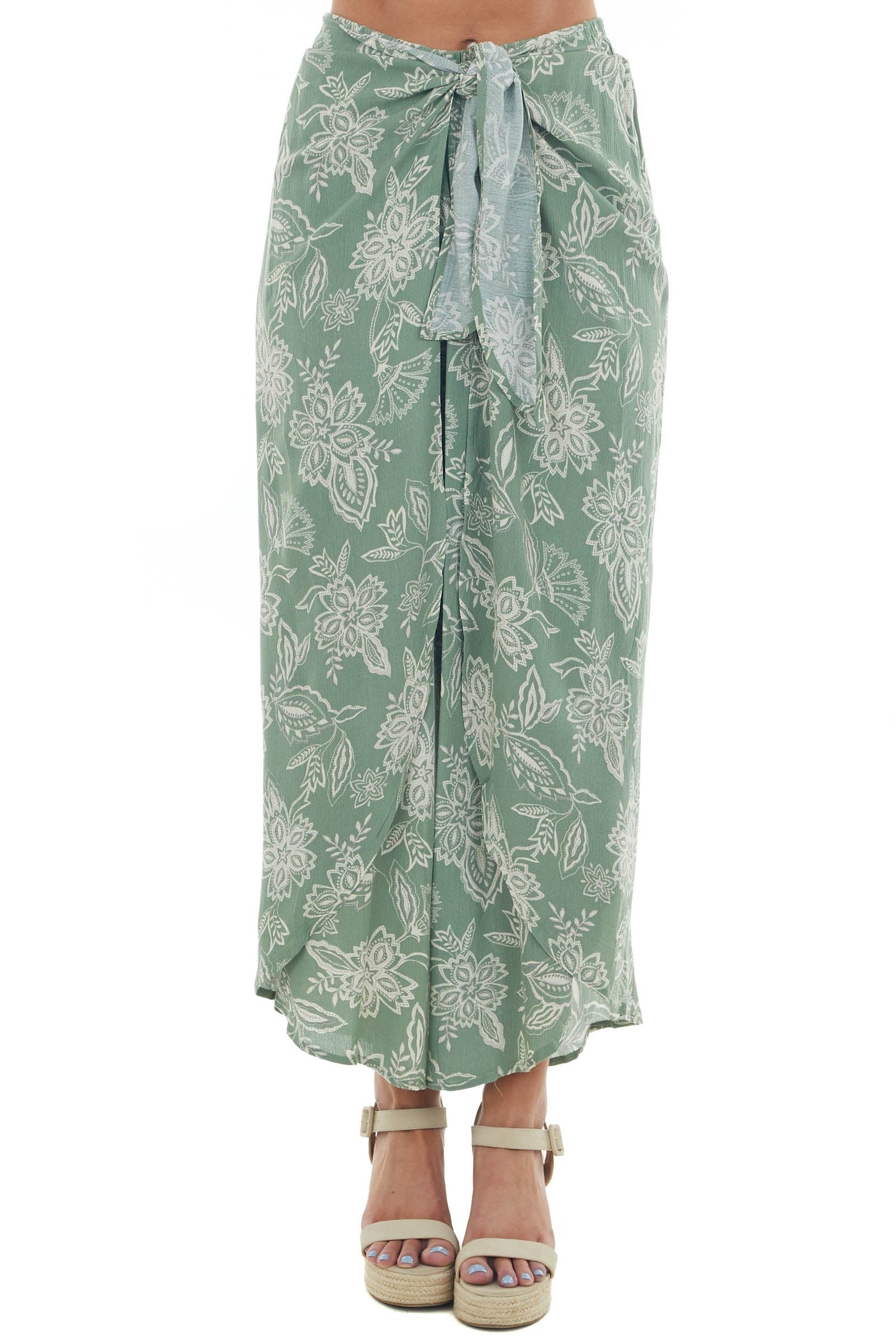 Faded Jade Floral Print Front Tie Wrap Pants