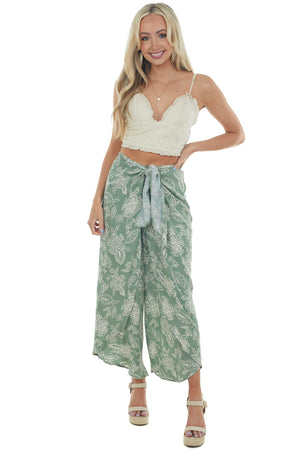 Faded Jade Floral Print Front Tie Wrap Pants