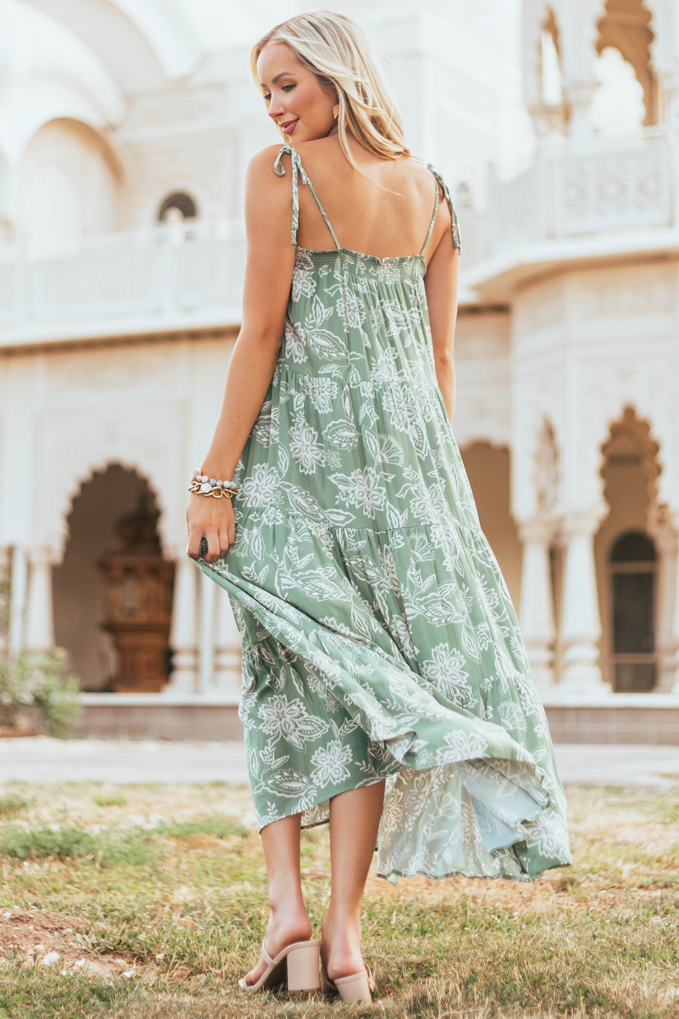 Faded Juniper Floral Print Tiered Woven Maxi Dress