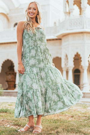 Faded Juniper Floral Print Tiered Woven Maxi Dress