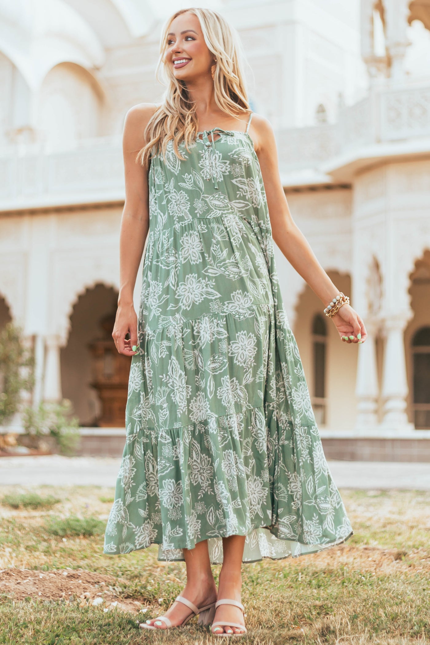 Faded Juniper Floral Print Tiered Woven Maxi Dress