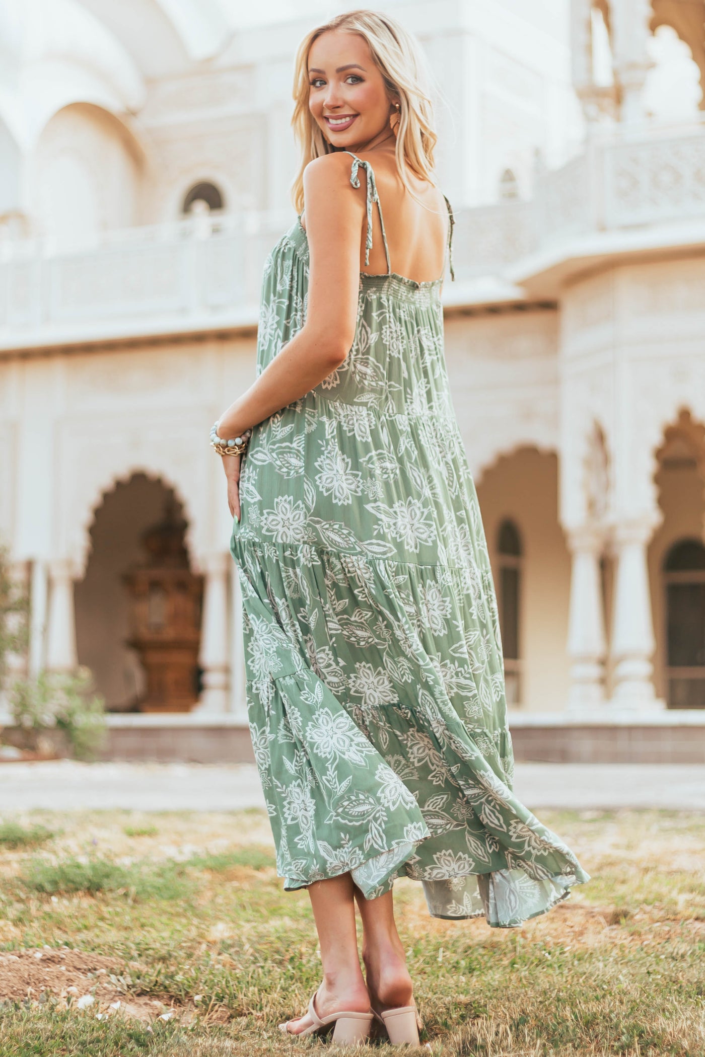 Faded Juniper Floral Print Tiered Woven Maxi Dress