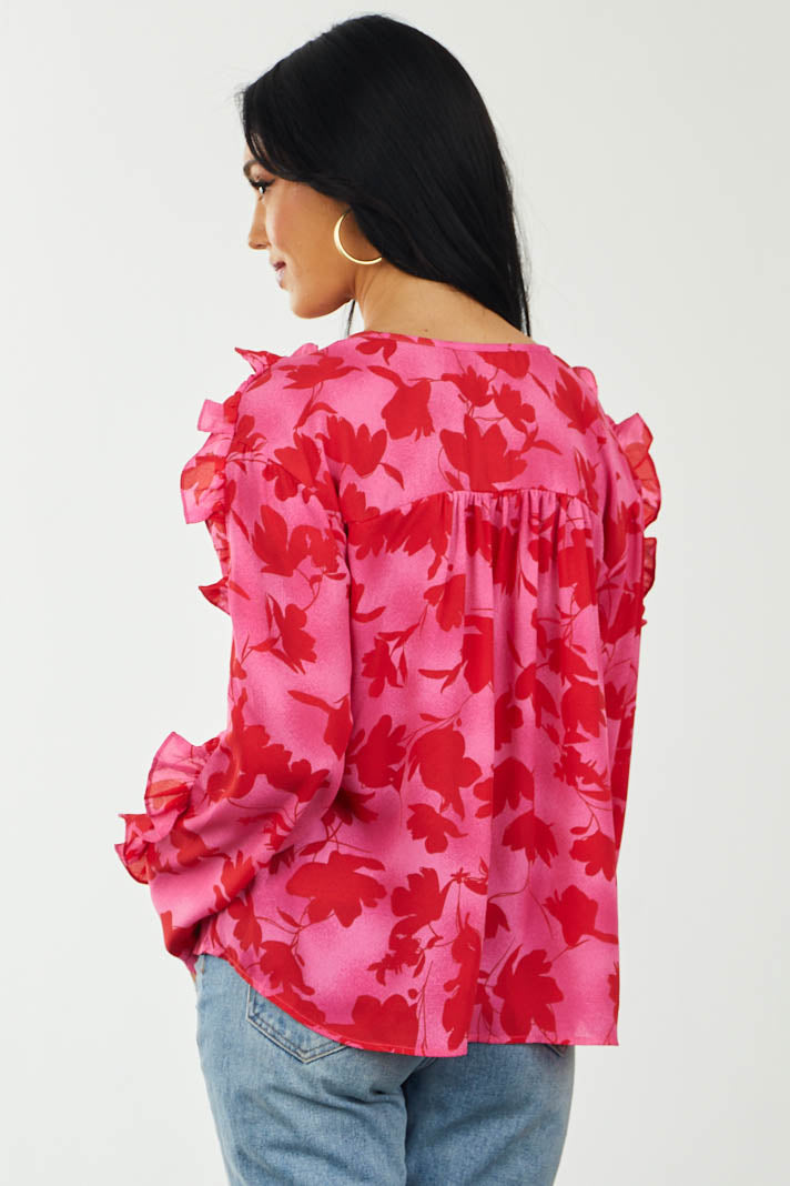 Faded Magenta Floral Print Notch Neck Blouse