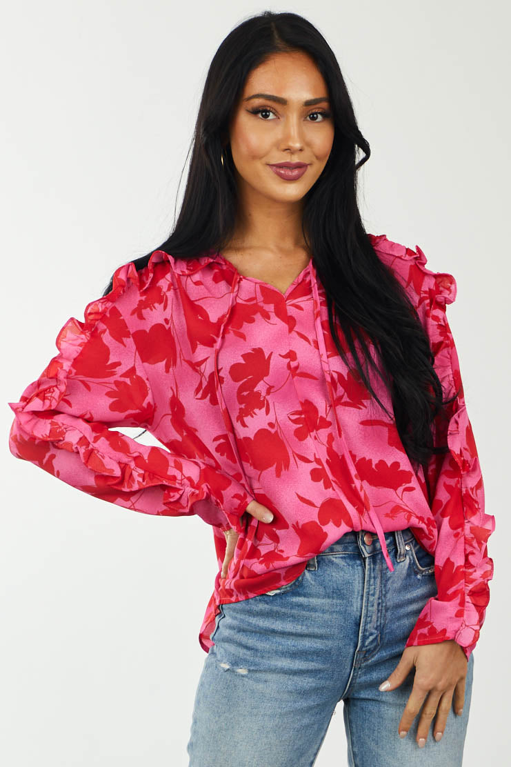 Faded Magenta Floral Print Notch Neck Blouse