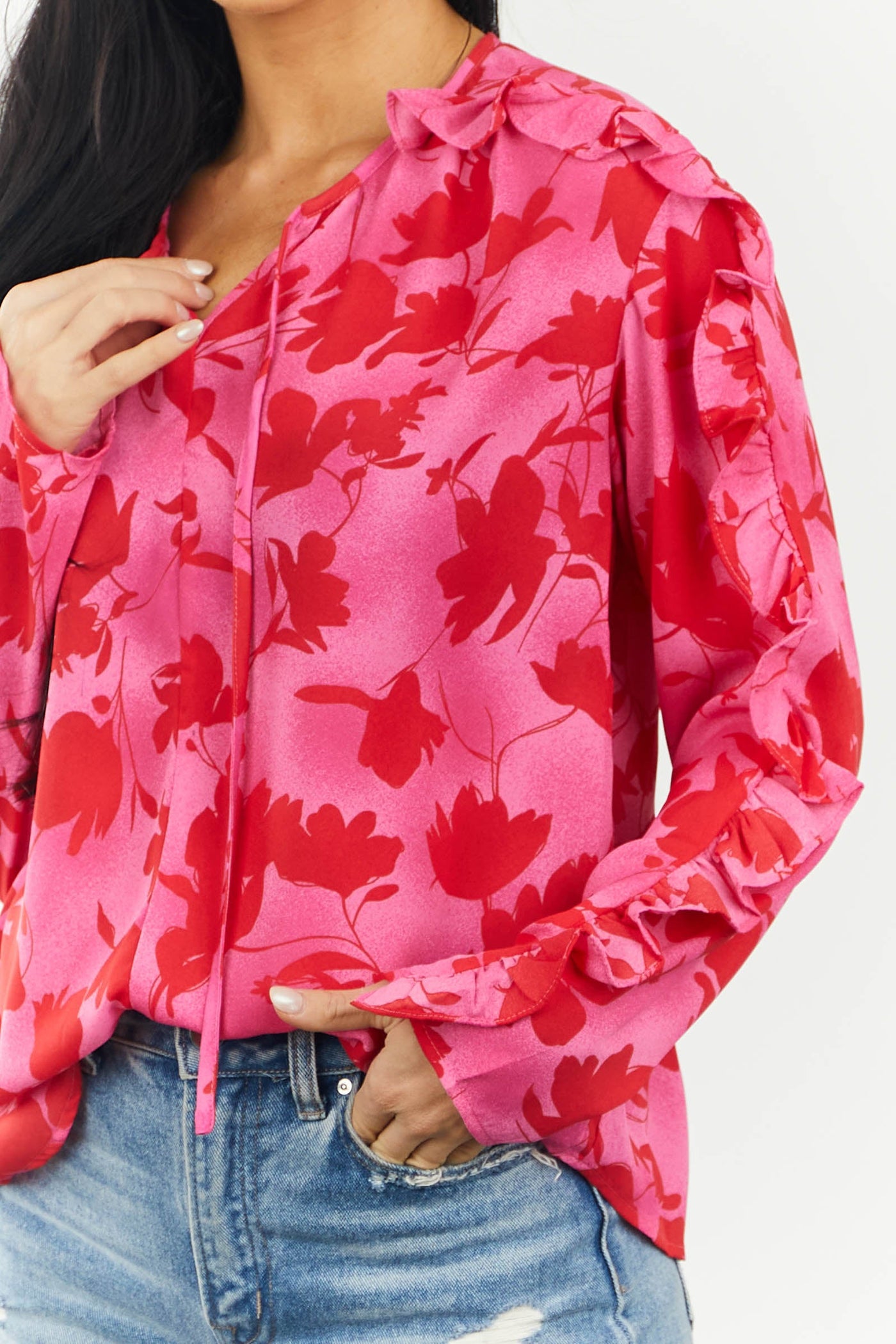 Faded Magenta Floral Print Notch Neck Blouse