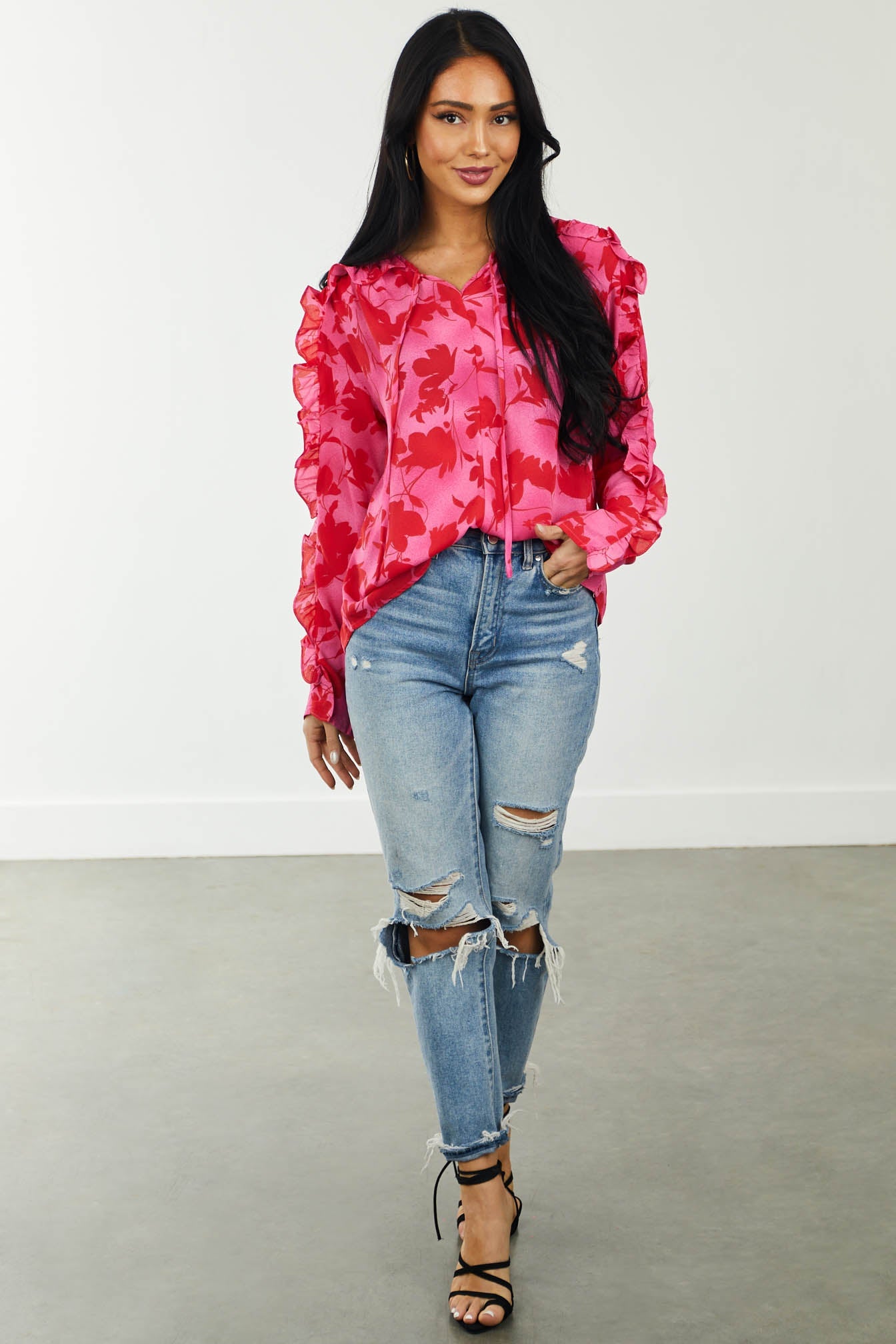 Faded Magenta Floral Print Notch Neck Blouse