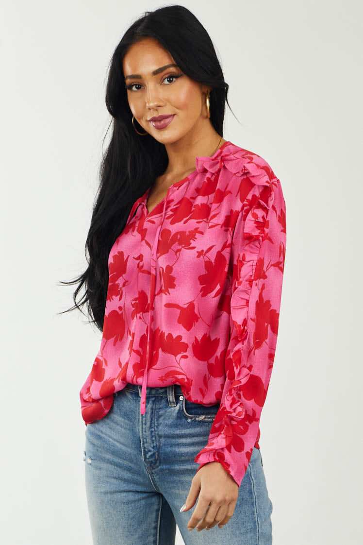 Faded Magenta Floral Print Notch Neck Blouse