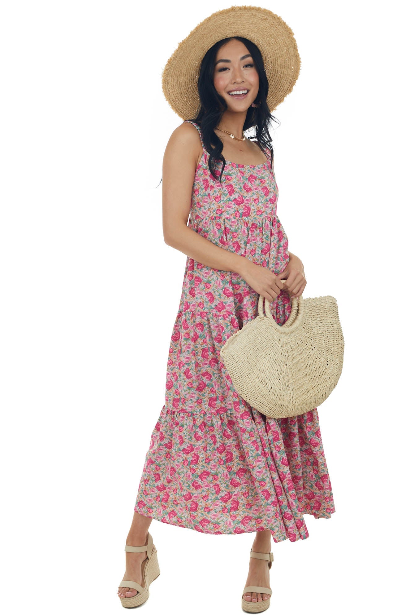 Faded Magenta Floral Sleeveless Tiered Maxi Dress