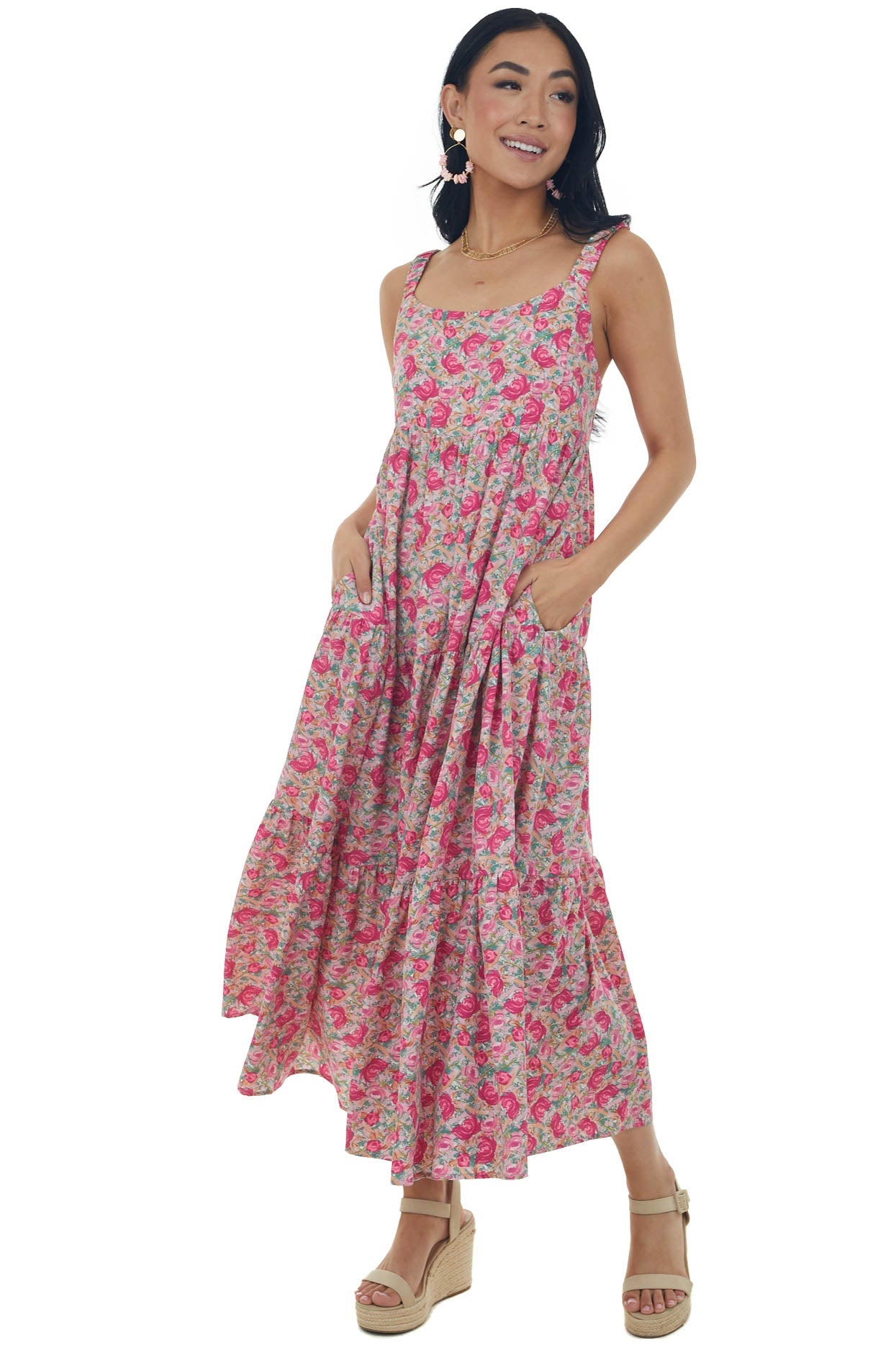 Faded Magenta Floral Sleeveless Tiered Maxi Dress