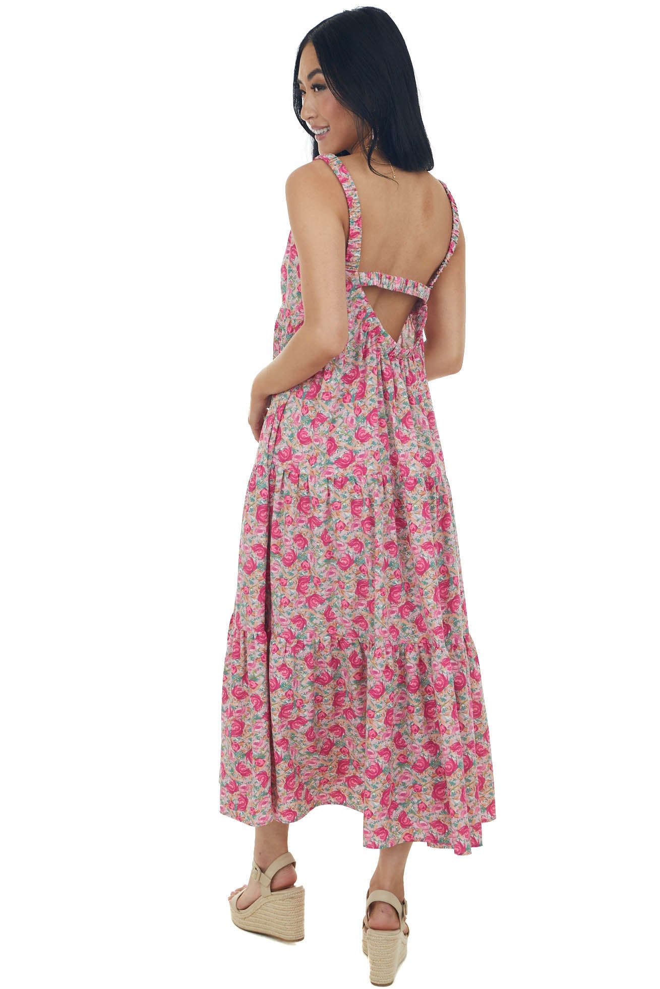Faded Magenta Floral Sleeveless Tiered Maxi Dress