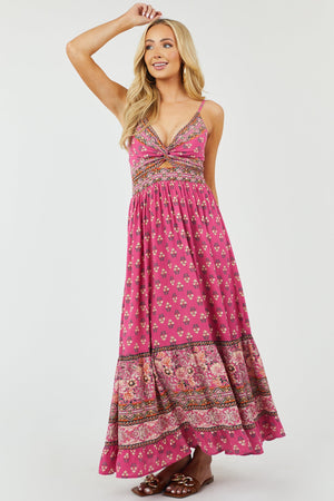 Faded Magenta Floral V Neck Sleeveless Maxi Dress