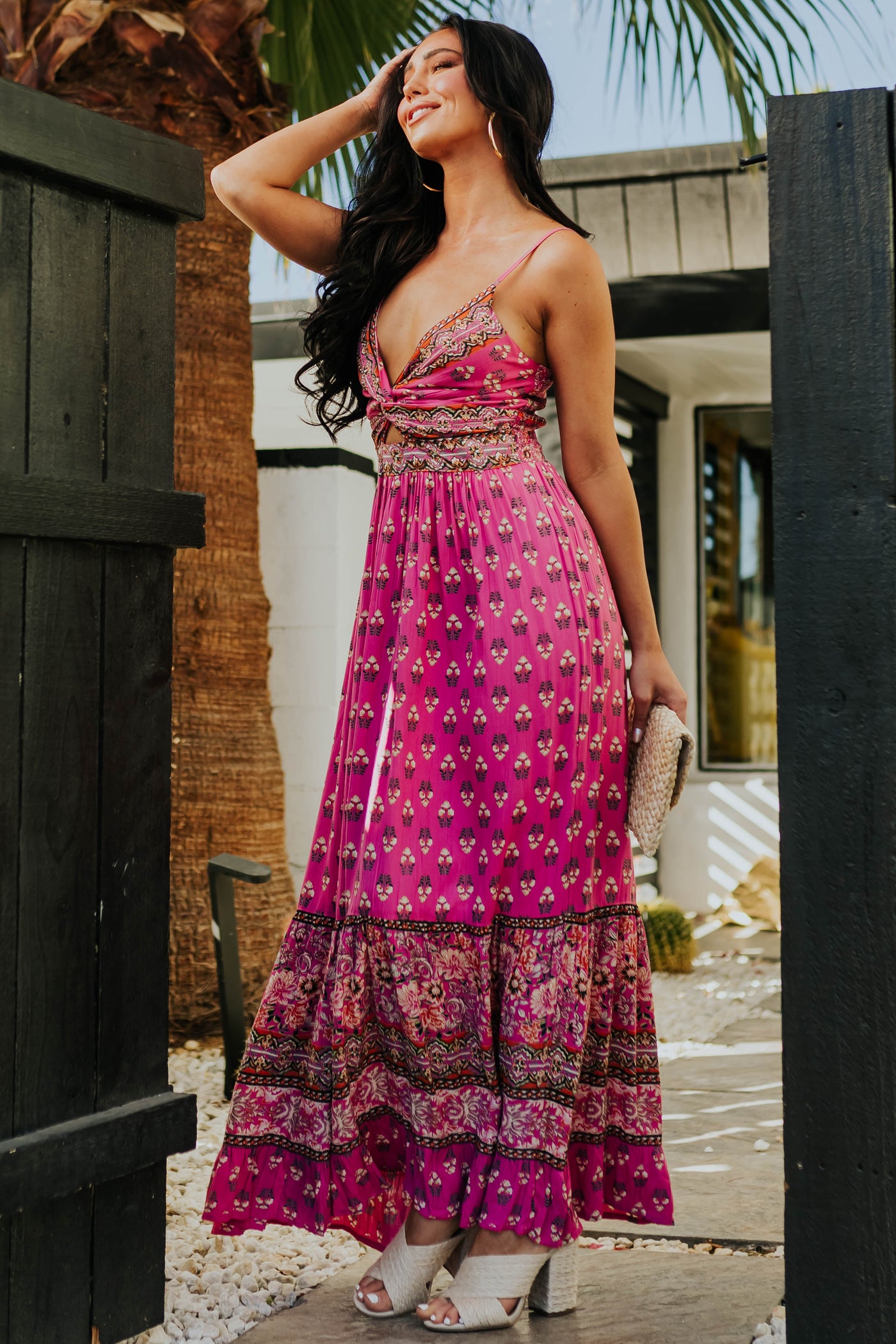 Faded Magenta Floral V Neck Sleeveless Maxi Dress