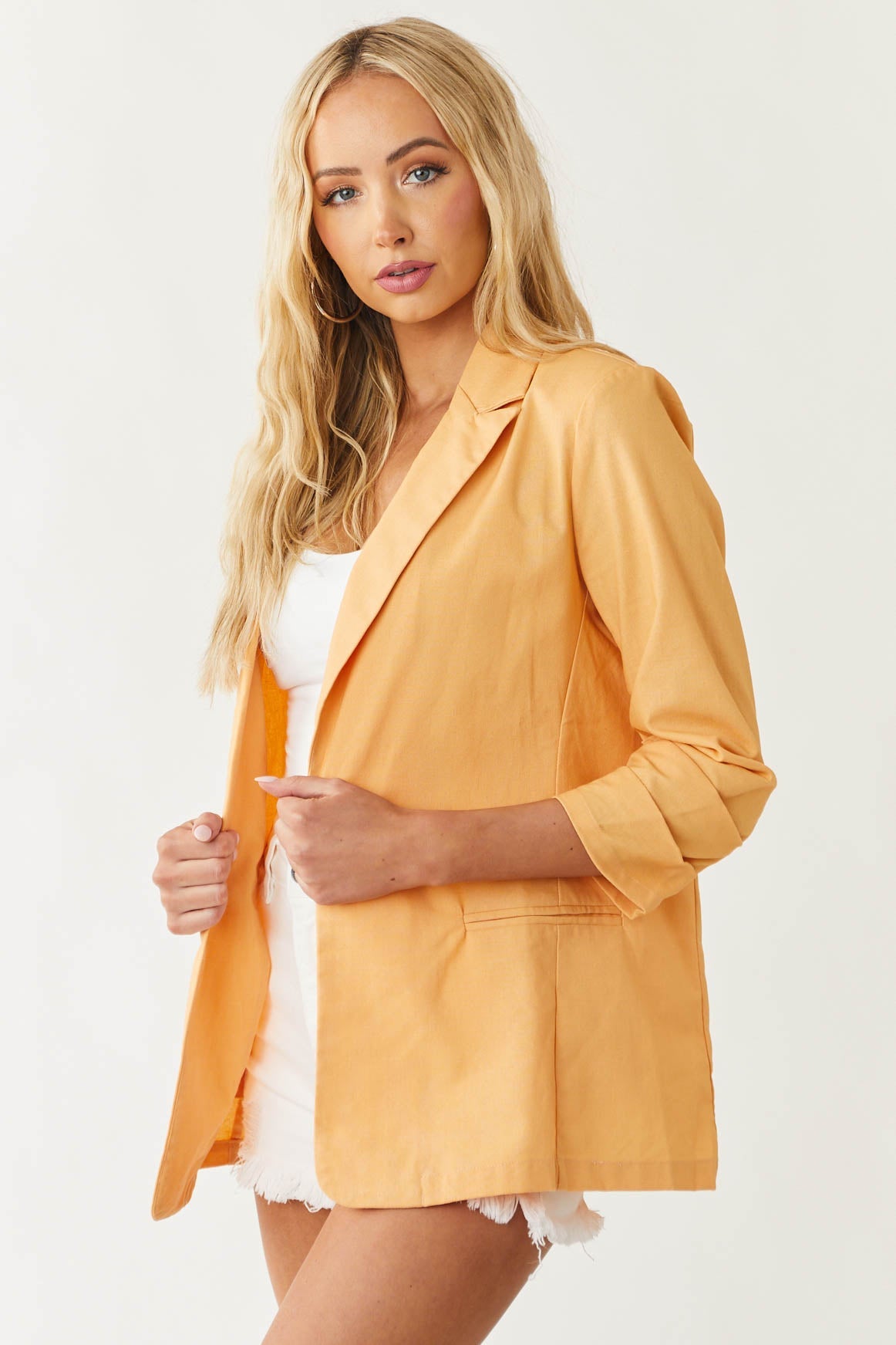 Faded Mango 3/4 Ruched Sleeve Linen Blazer