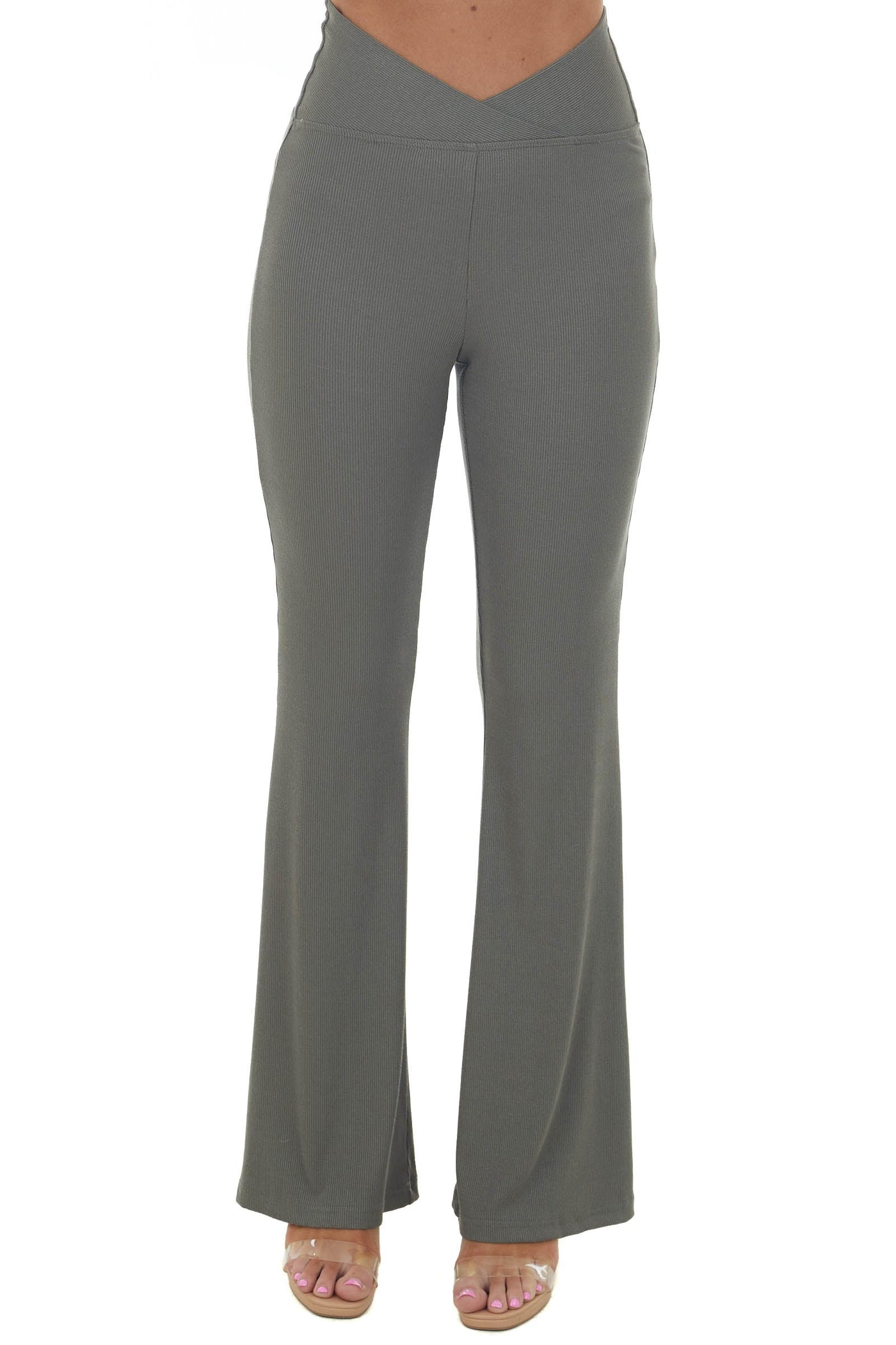 Faded Olive Crossover Waist Ribbed Knit Flare Pants