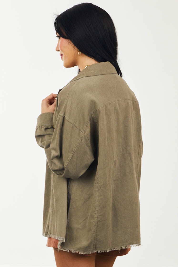 Faded Olive Frayed Hem Corduroy Shirt Jacket