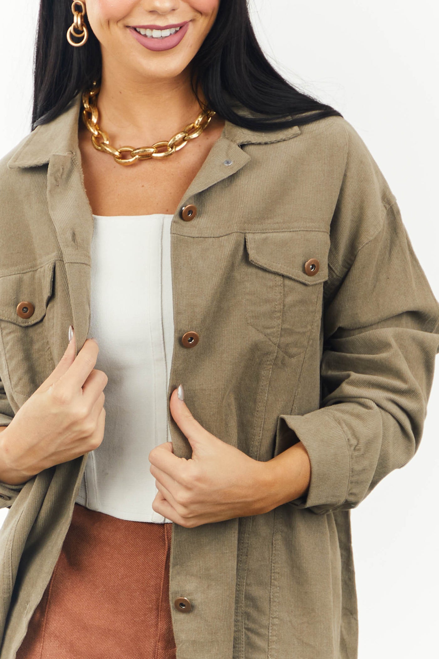 Faded Olive Frayed Hem Corduroy Shirt Jacket