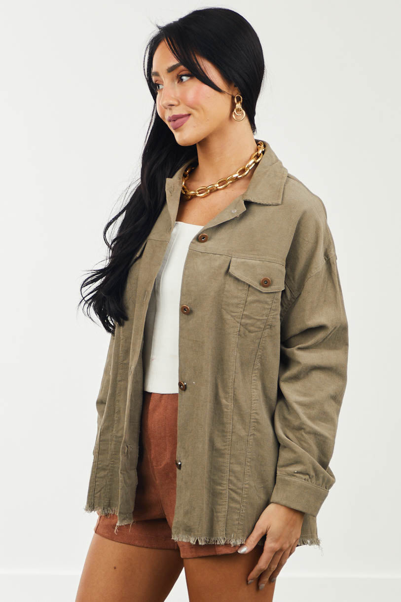 Faded Olive Frayed Hem Corduroy Shirt Jacket
