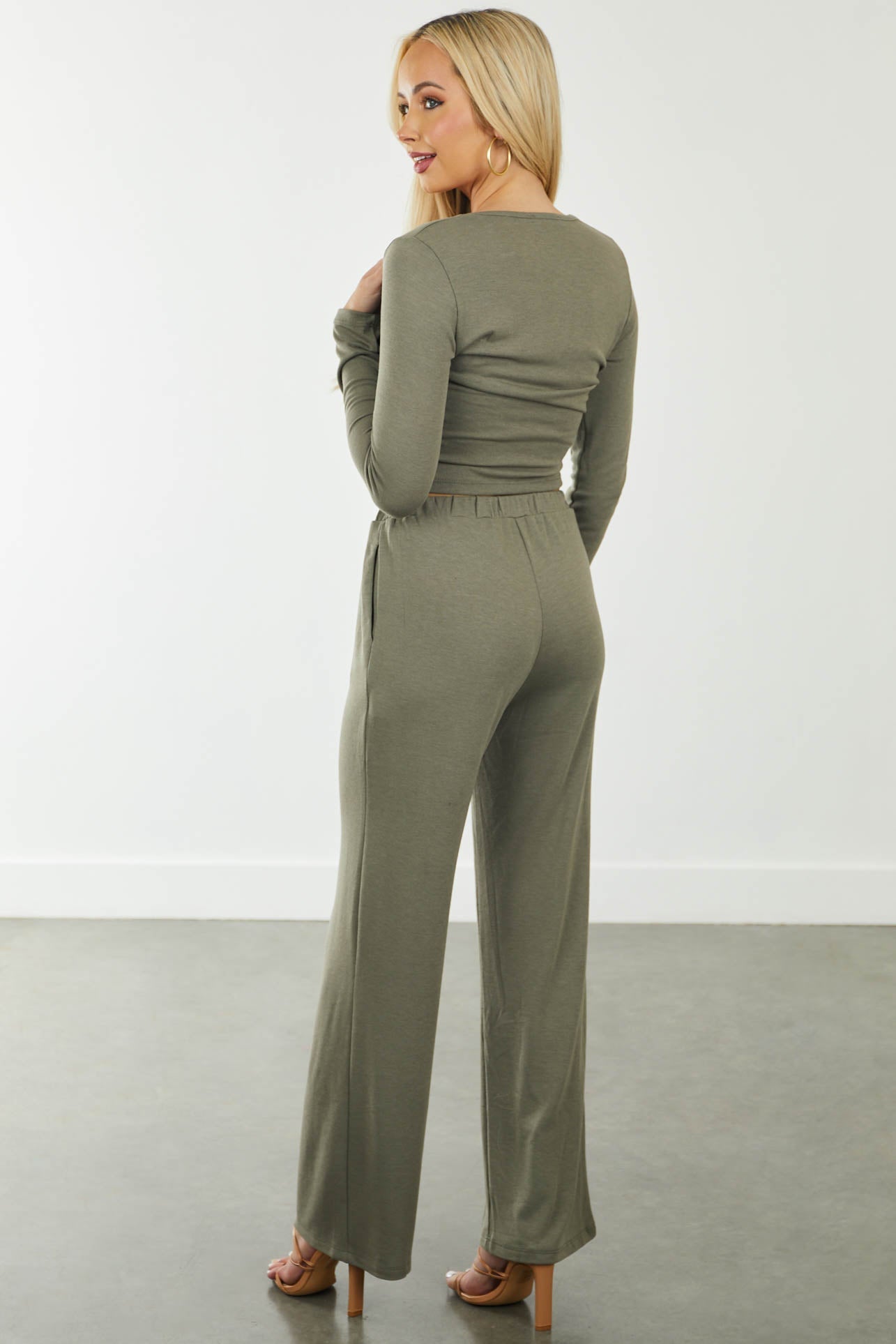 Faded Olive Knit Wrap Top and Loose Pants Set