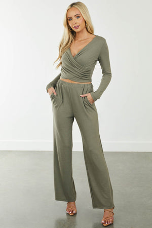 Faded Olive Knit Wrap Top and Loose Pants Set