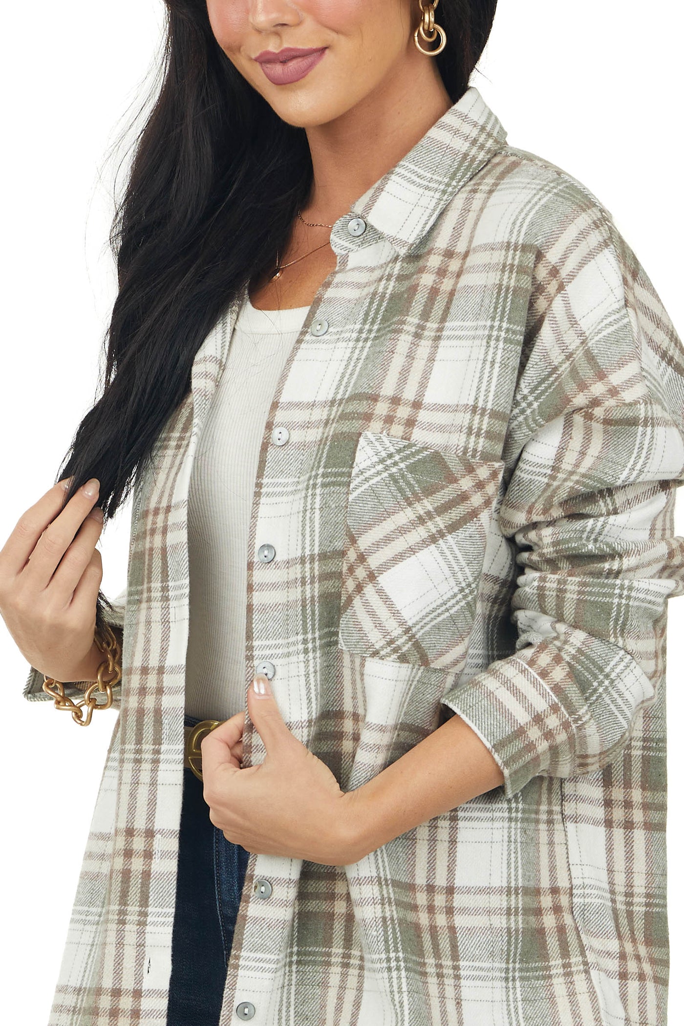 Faded Olive Plaid Soft Fleece Chest Pocket Flannel