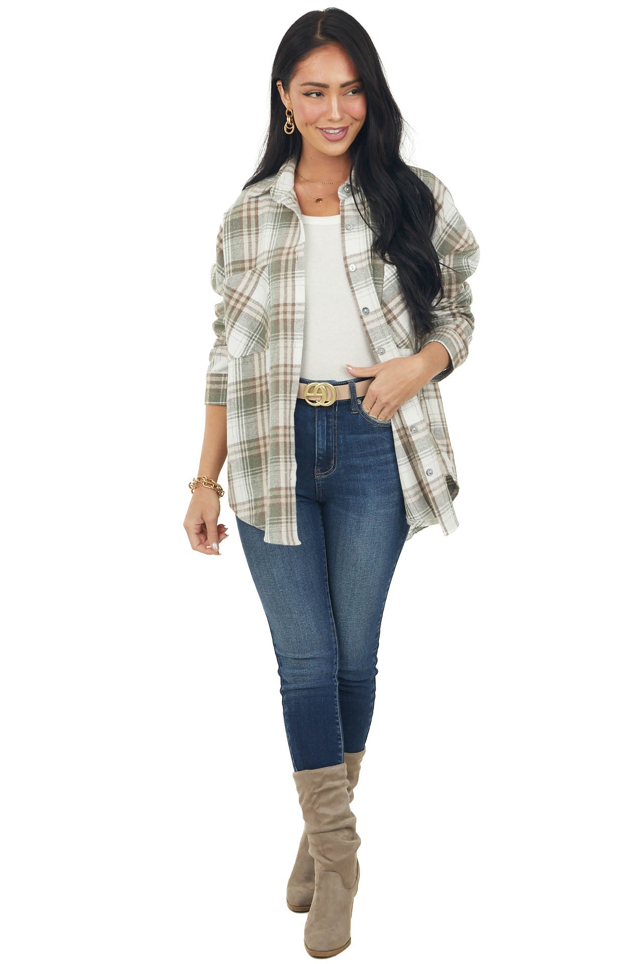 Faded Olive Plaid Soft Fleece Chest Pocket Flannel