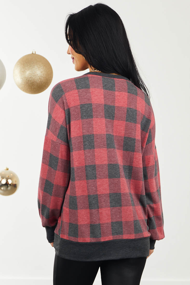 Faded Red Plaid and Glitter Reindeer Graphic Top