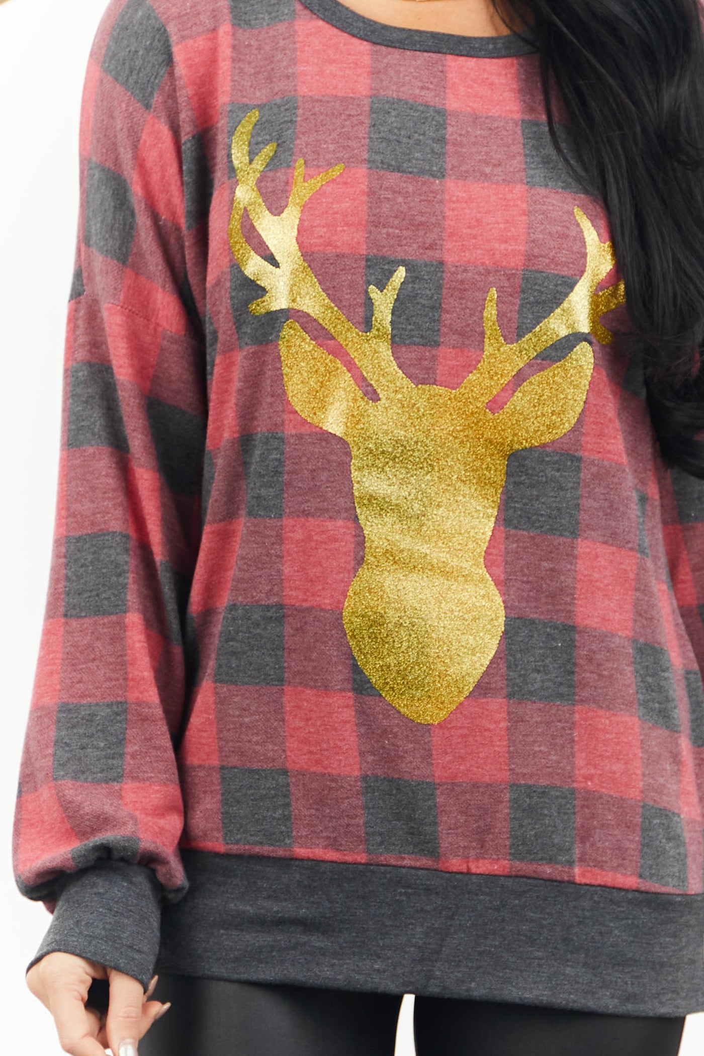Faded Red Plaid and Glitter Reindeer Graphic Top