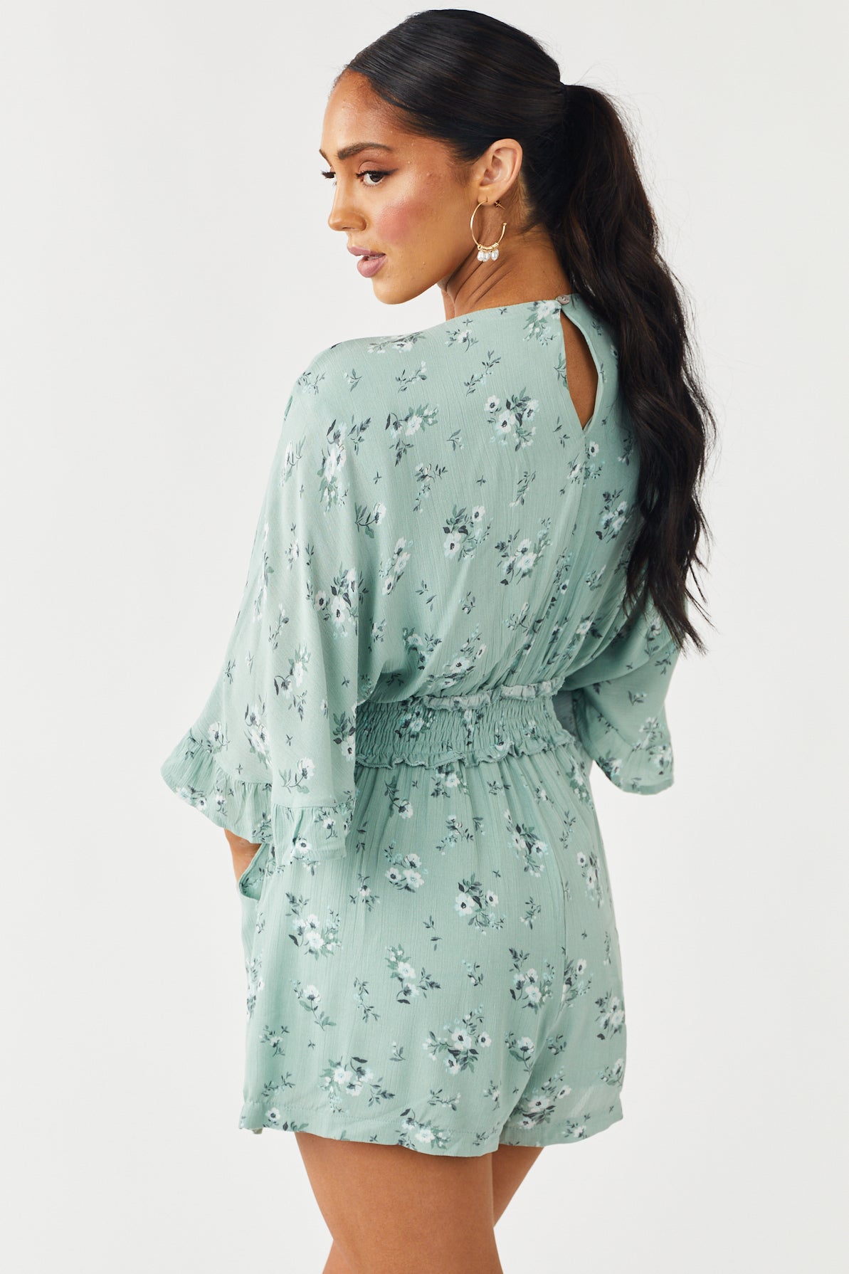 Faded Seafoam Floral Print Surplice Woven Romper