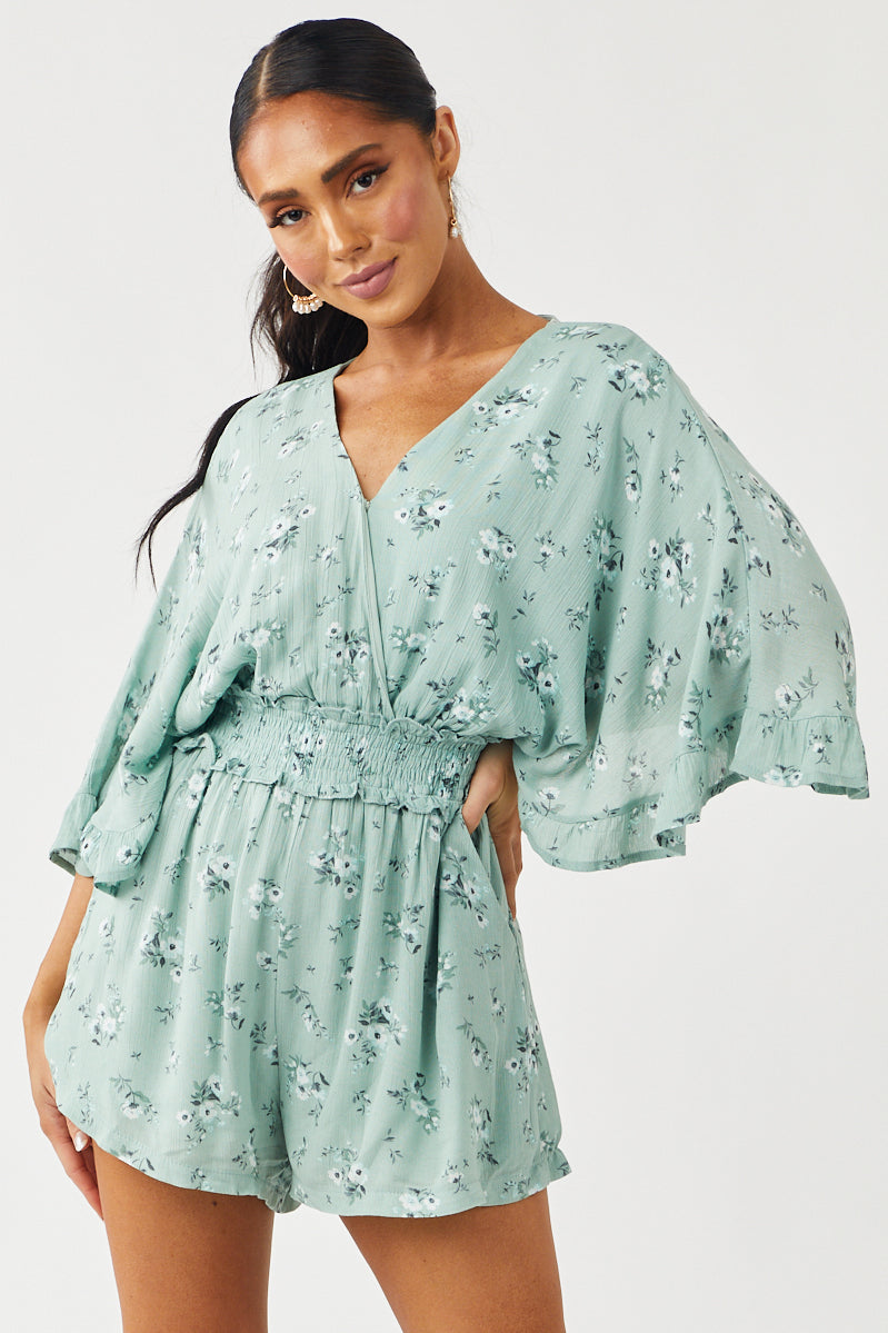 Faded Seafoam Floral Print Surplice Woven Romper