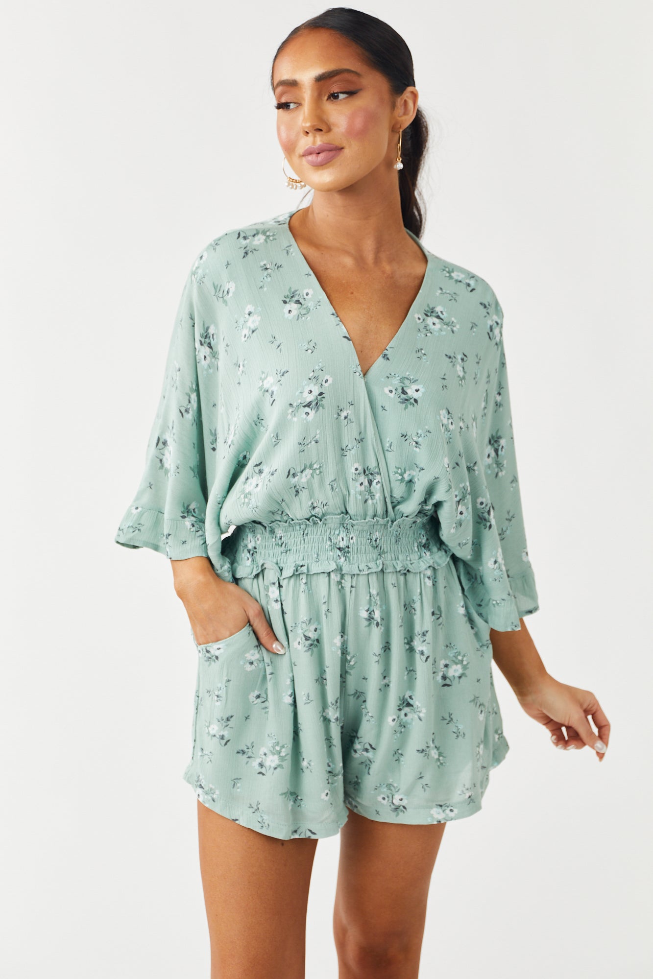 Faded Seafoam Floral Print Surplice Woven Romper