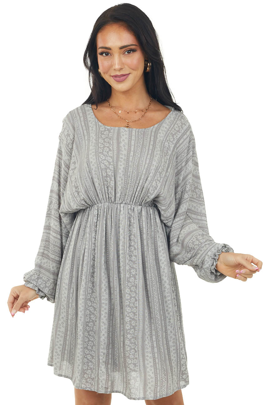 Faded Slate Printed Dolman Sleeve Short Dress