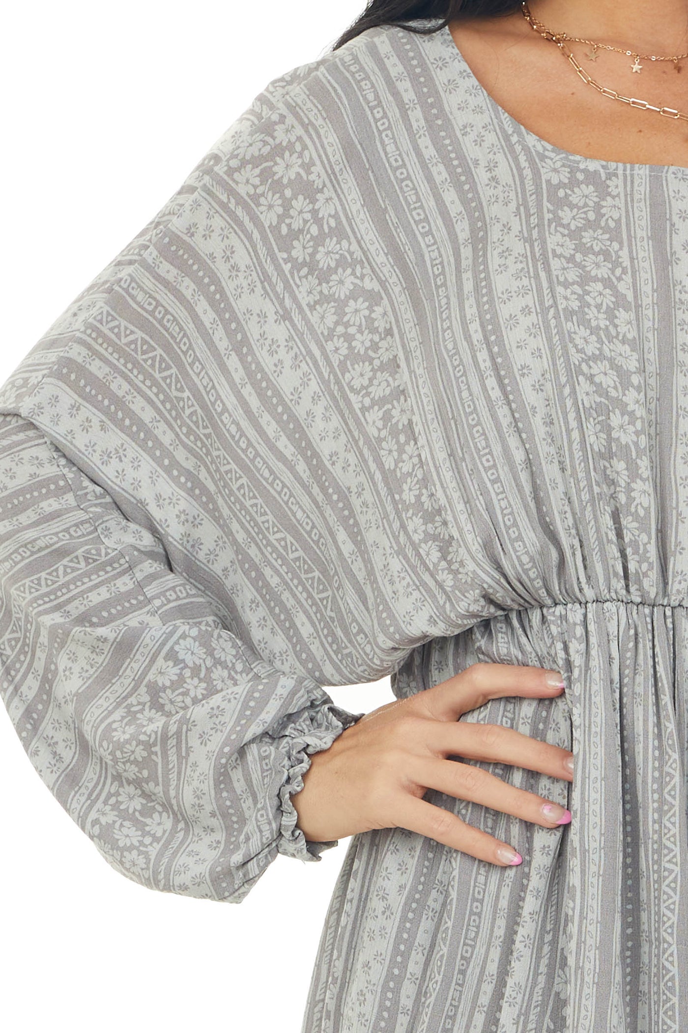 Faded Slate Printed Dolman Sleeve Short Dress