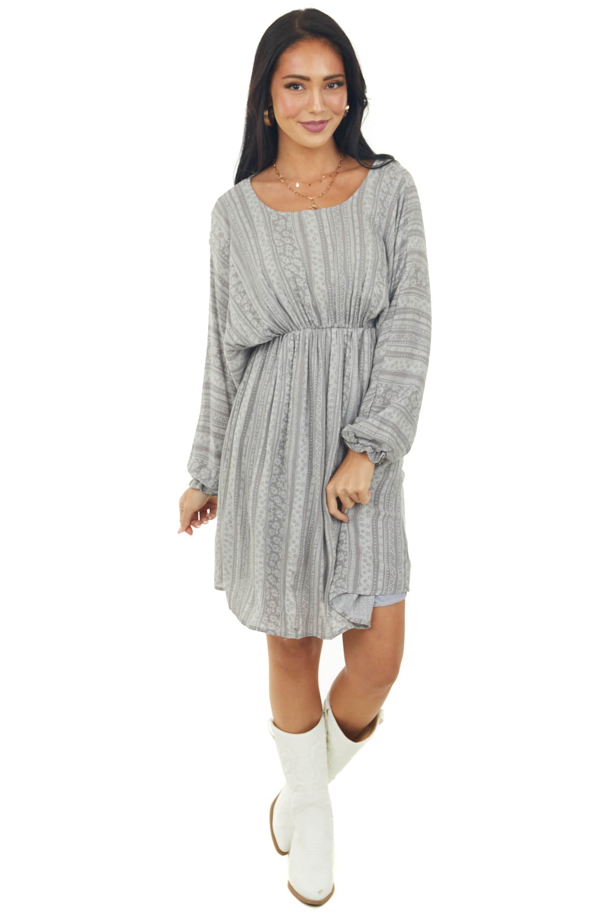Faded Slate Printed Dolman Sleeve Short Dress