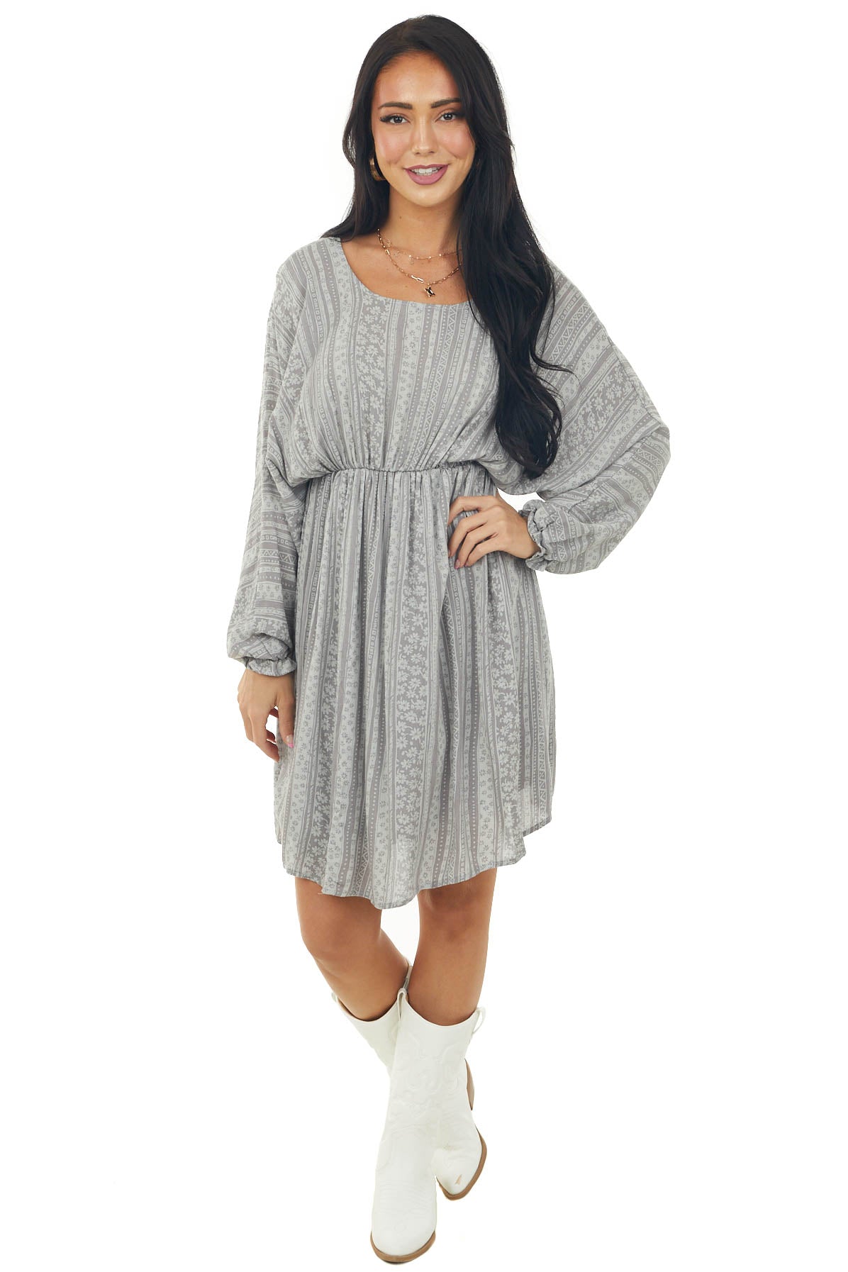 Faded Slate Printed Dolman Sleeve Short Dress