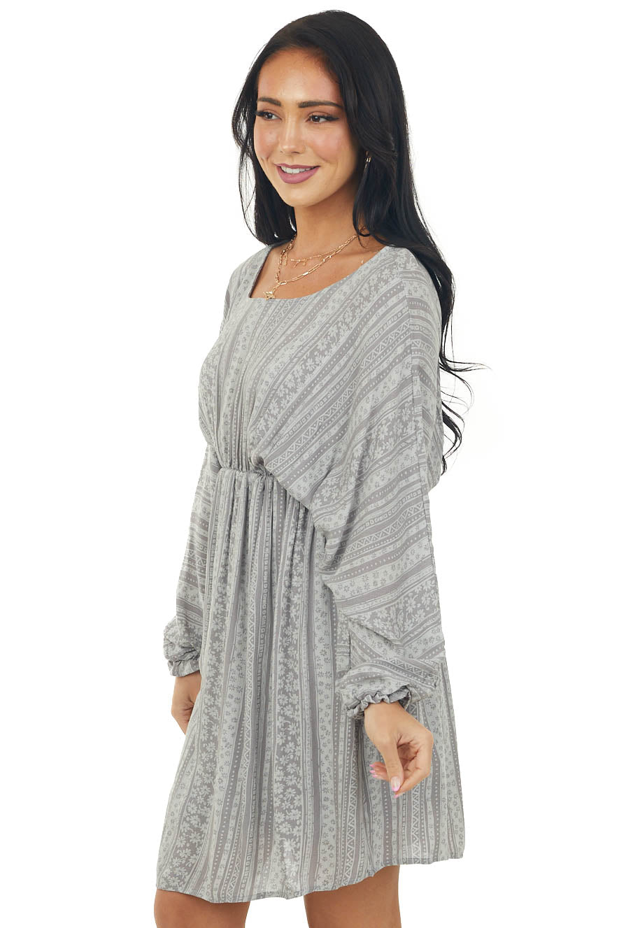 Faded Slate Printed Dolman Sleeve Short Dress