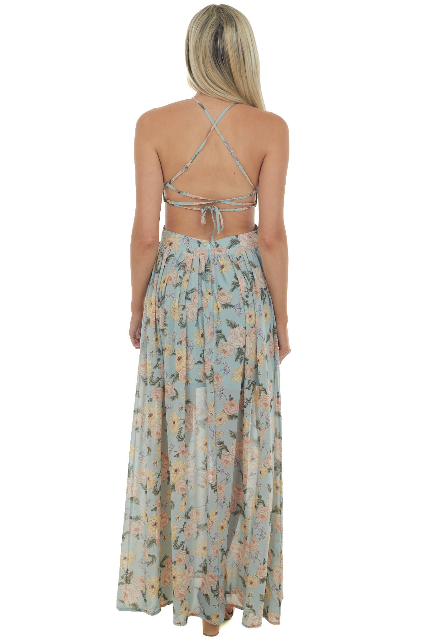 Faded Teal Floral Cut Out Waist Maxi Dress
