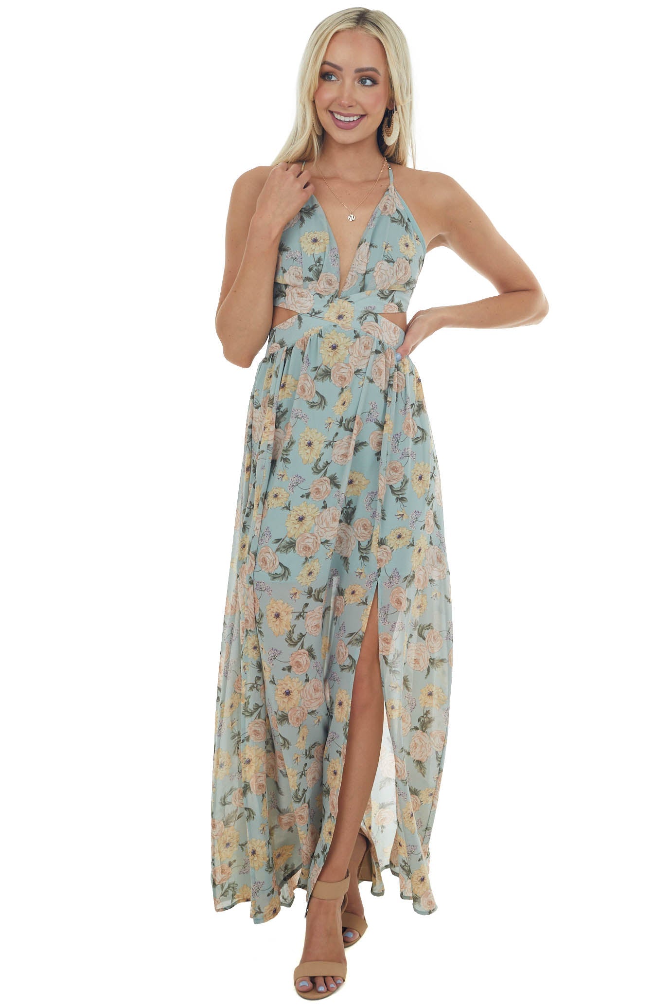 Faded Teal Floral Cut Out Waist Maxi Dress