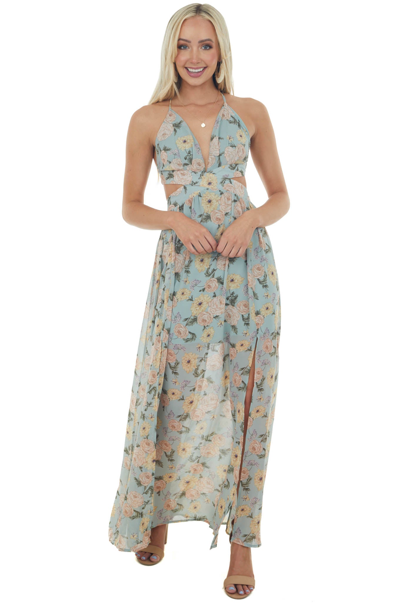 Faded Teal Floral Cut Out Waist Maxi Dress