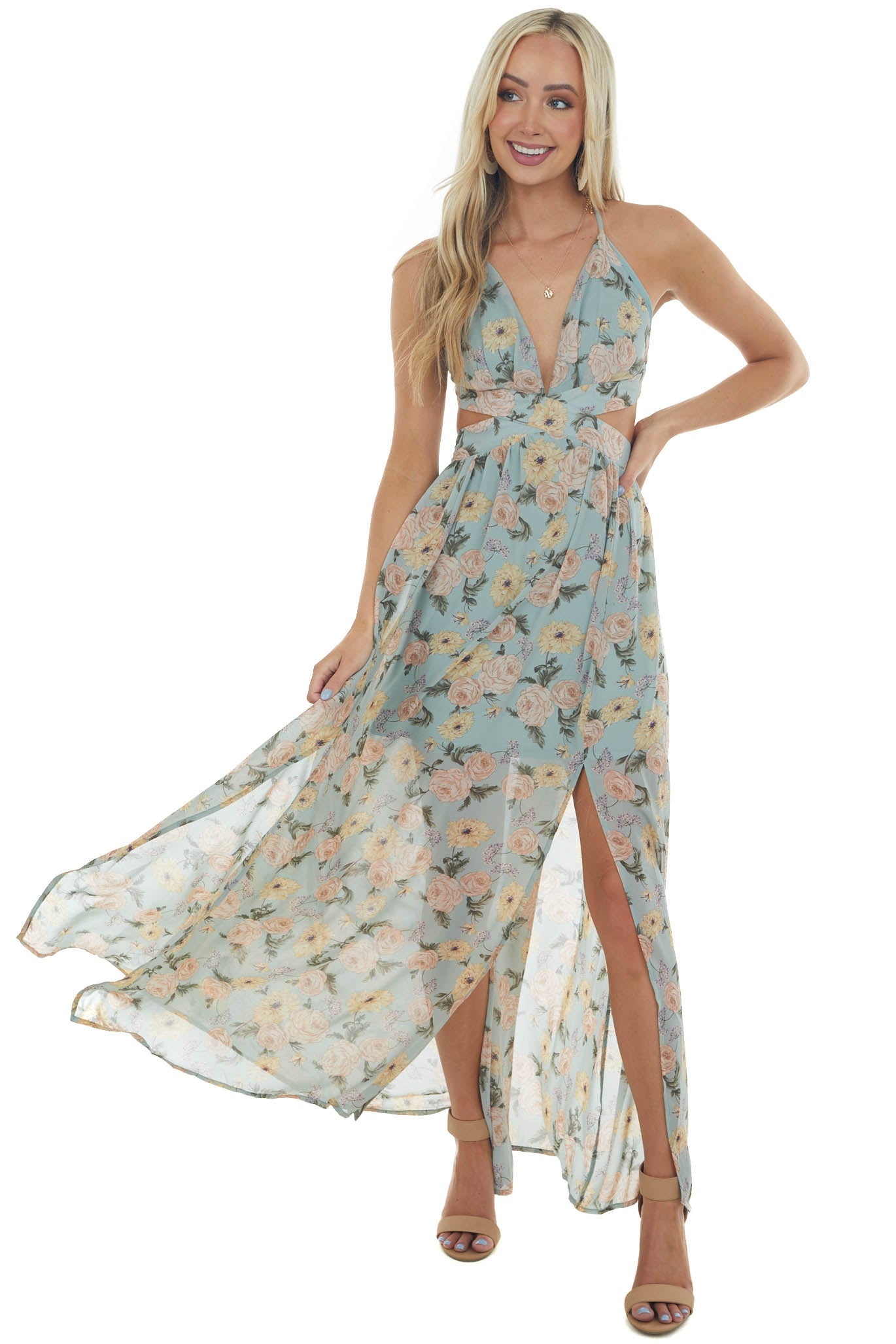 Faded Teal Floral Cut Out Waist Maxi Dress