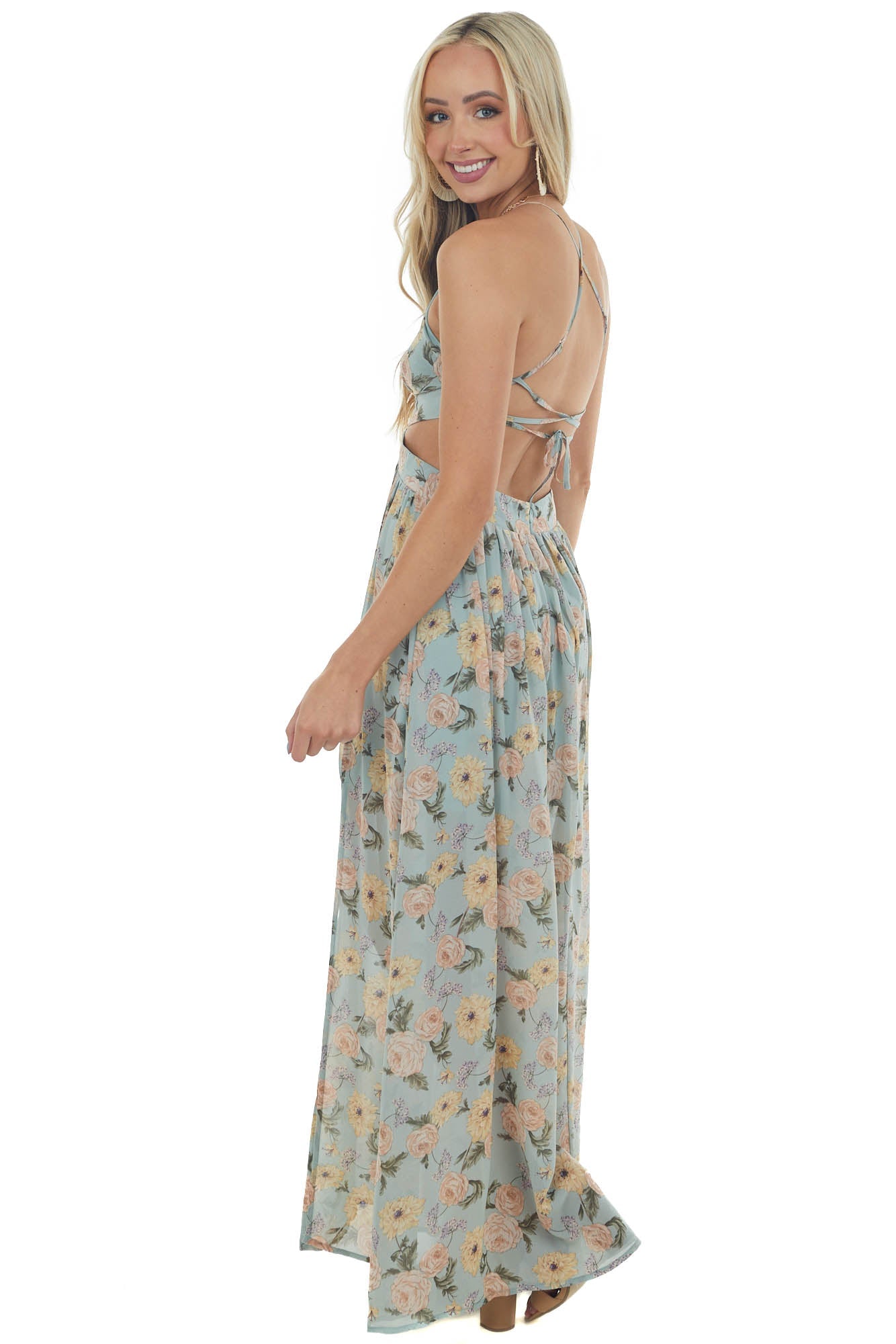 Faded Teal Floral Cut Out Waist Maxi Dress