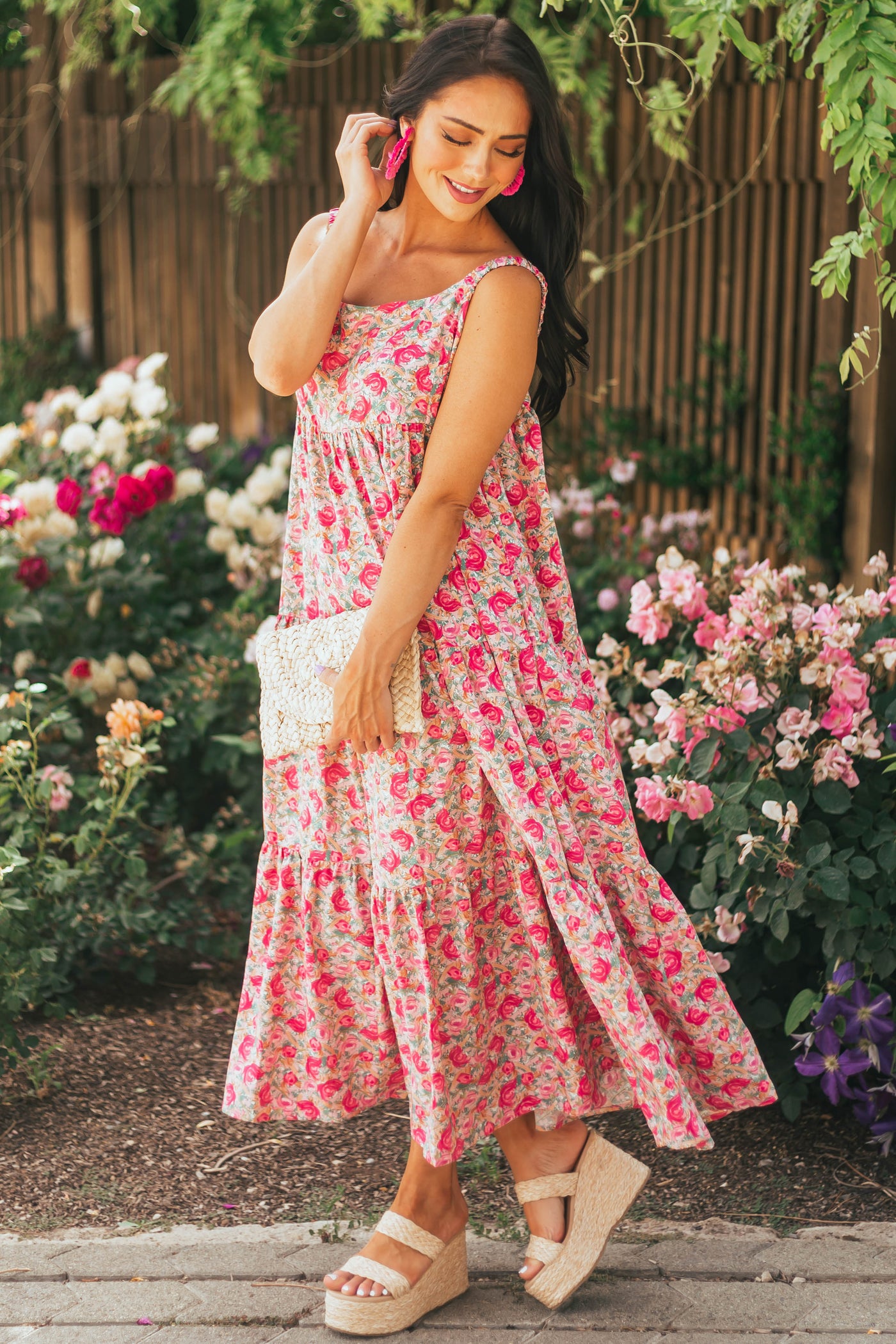 Faded Magenta Floral Sleeveless Tiered Maxi Dress